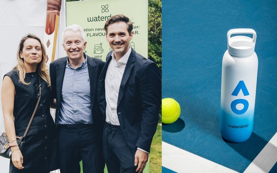 Catherine Dix (Managing Director waterdrop® ANZ), Craig Tiley (CEO von Tennis Australia) und Henry Murray (Co-Founder und CMO von waterdrop®)